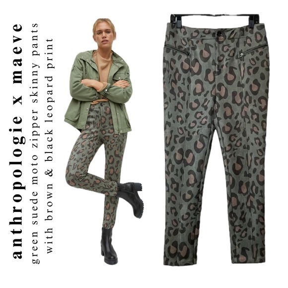 Maeve Anthropologie high rise green suede leopard print zipper legging pants - Picture 5 of 17